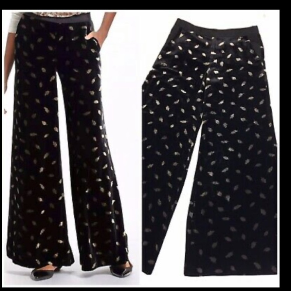 Anthro Elevenses gold leaves on black velvet wide leg pants in size 12